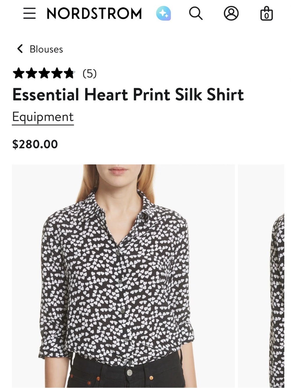 Equipment Black Silk Button-Down Shirt with White Heart Print XS